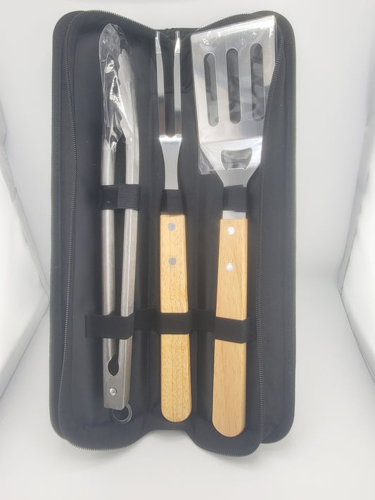 3-Piece BBQ Grill Tool Set with Wooden Handles – Tongs, Fork & Spatula in Portable Zippered Carry Case