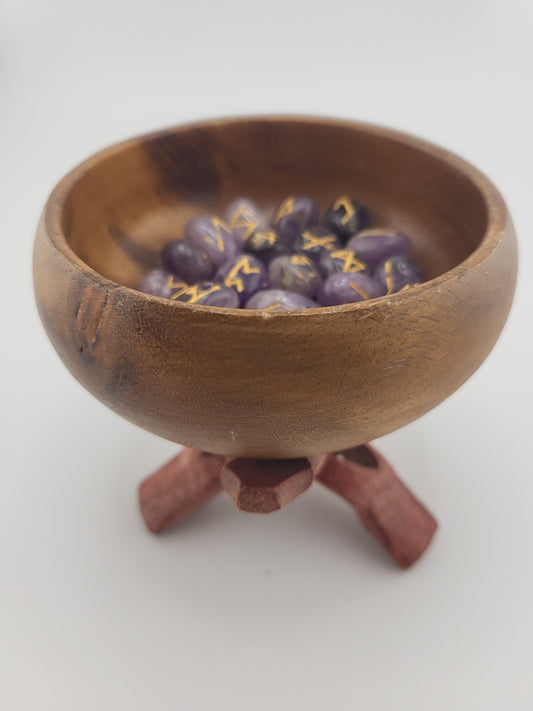 Amethyst Viking Rune Set with Wooden Bowl, Holding Stand & Pouch – Norse Divination Stones