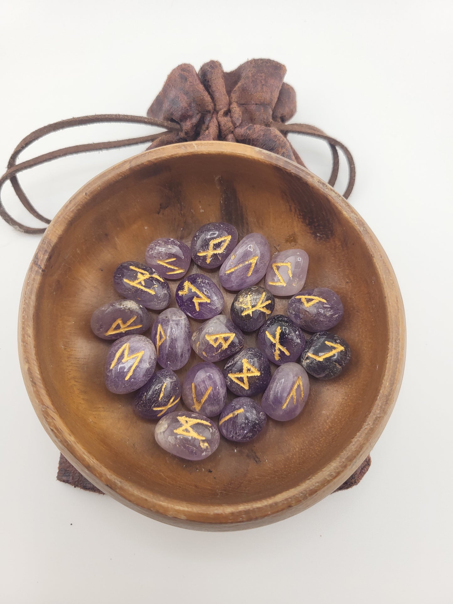 Amethyst Viking Rune Set with Wooden Bowl, Holding Stand & Pouch – Norse Divination Stones
