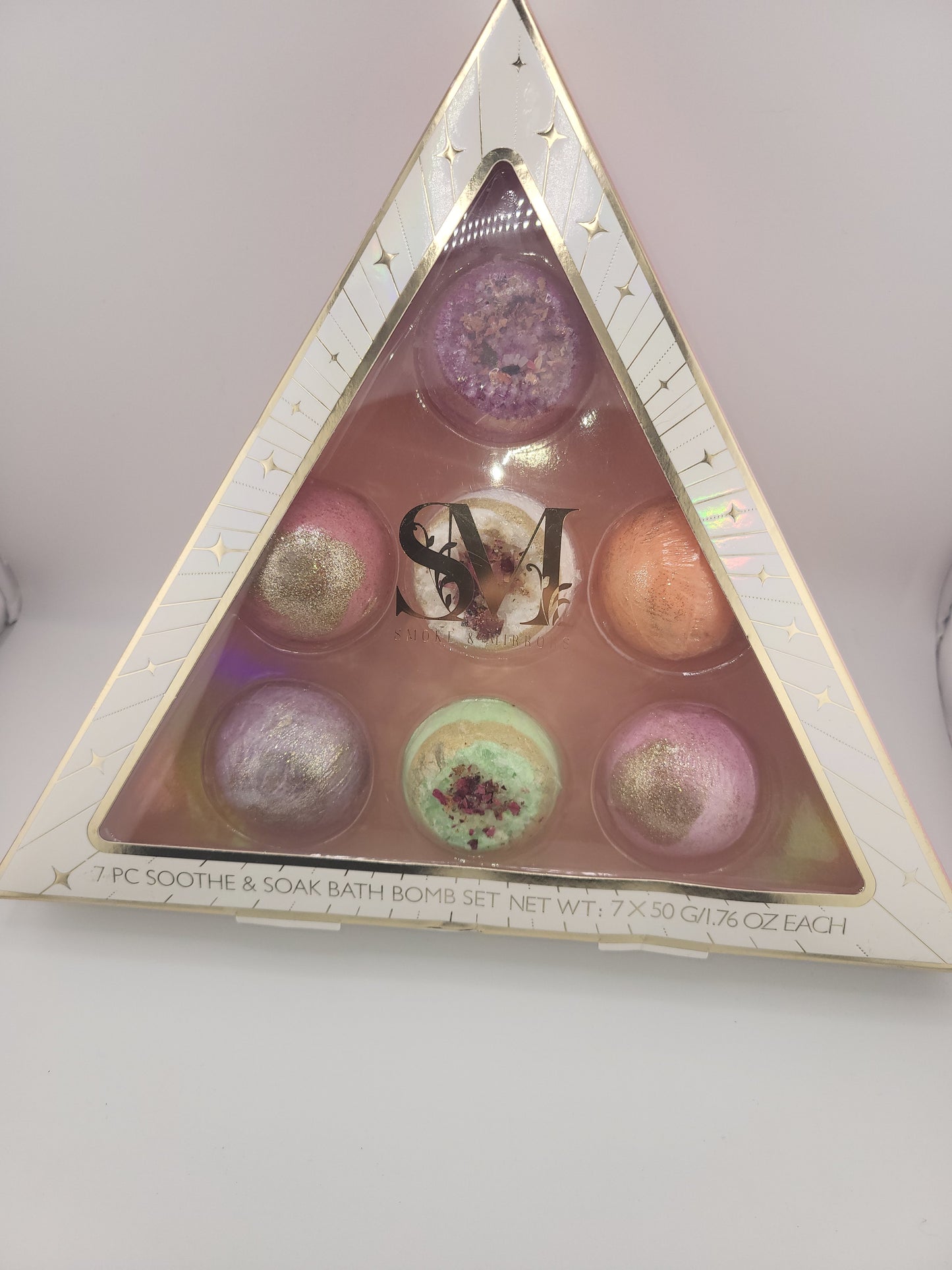 Smoke & Mirrors 7-Piece Soothe & Soak Bath Bomb Gift Set — Rose, Lavender & Coconut Spa Collection (Glitter + Salt Bombs)