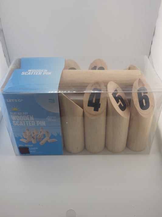 Let’s Go Wooden Scatter Pin Game — Outdoor Lawn Bowling Set with Carrying Case (6-Inch Pins)