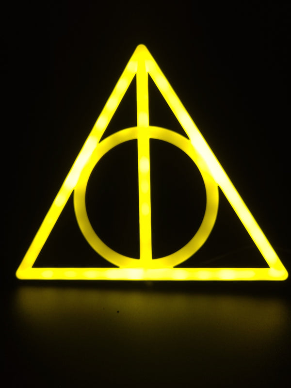 Harry Potter “Deathly Hallows” Neon Wall Light + Elder Wand Extendable Pen Set — Wizarding World Gift Bundle