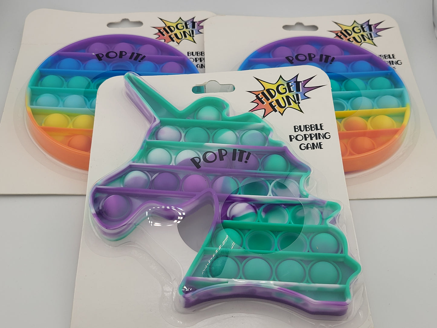 Fidget Fun! 3-Pack Bubble Popping Game Set – Rainbow & Unicorn Shapes – Stress Relief Toy 🦄🌈