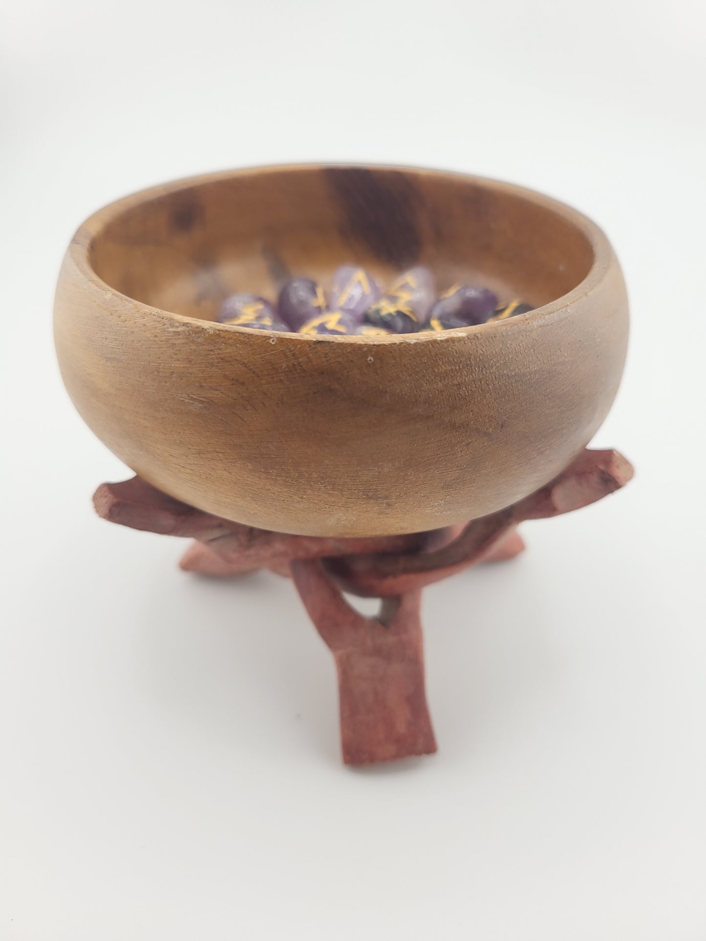 Amethyst Viking Rune Set with Wooden Bowl, Holding Stand & Pouch – Norse Divination Stones
