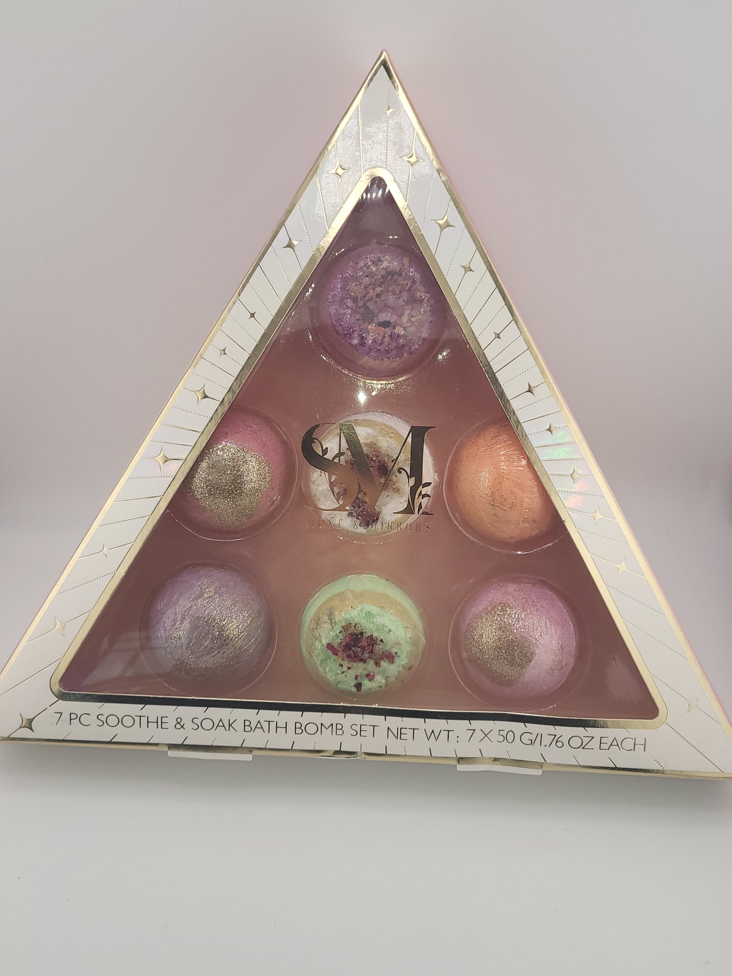 Smoke & Mirrors 7-Piece Soothe & Soak Bath Bomb Gift Set — Rose, Lavender & Coconut Spa Collection (Glitter + Salt Bombs)