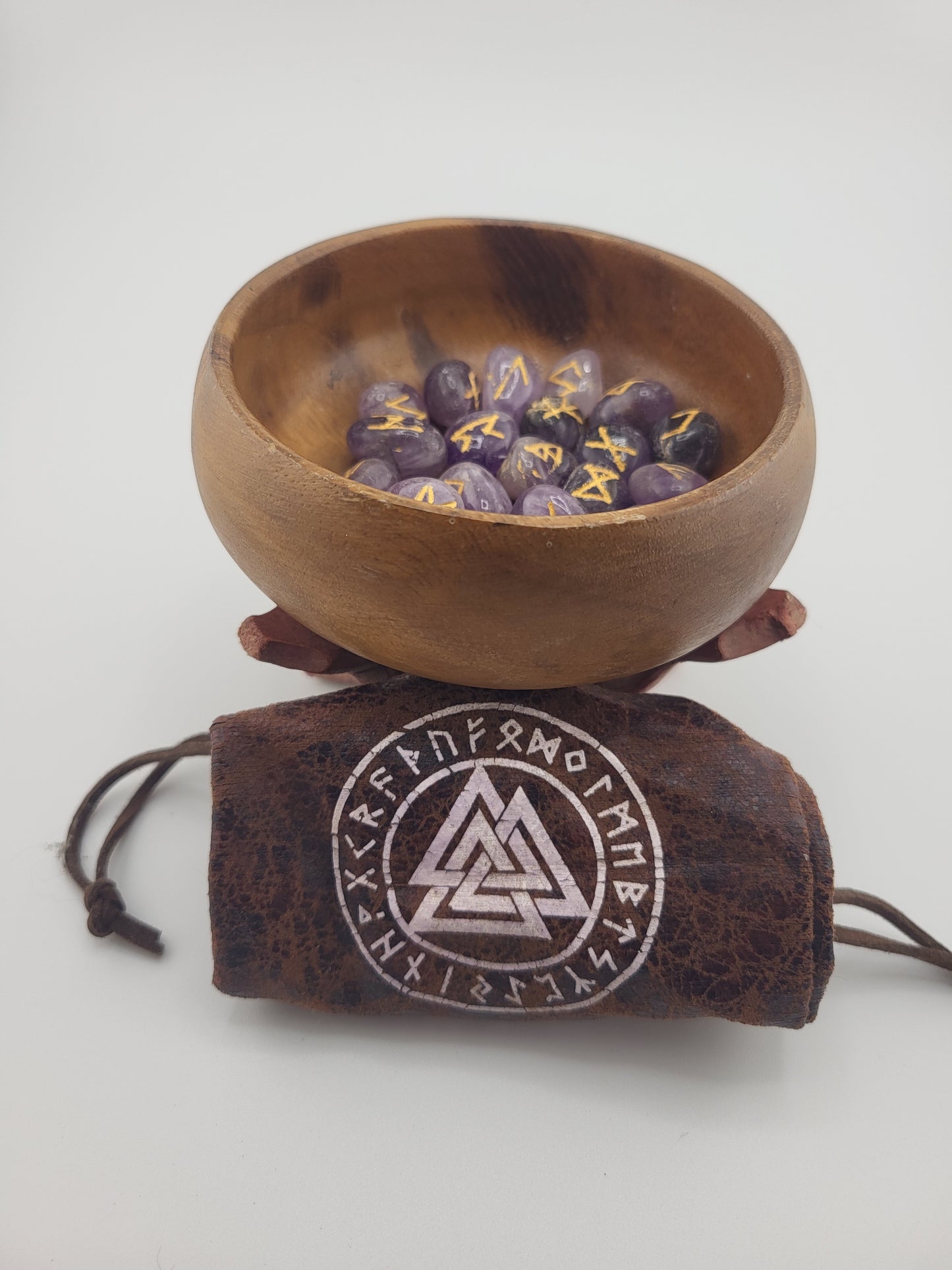 Amethyst Viking Rune Set with Wooden Bowl, Holding Stand & Pouch – Norse Divination Stones