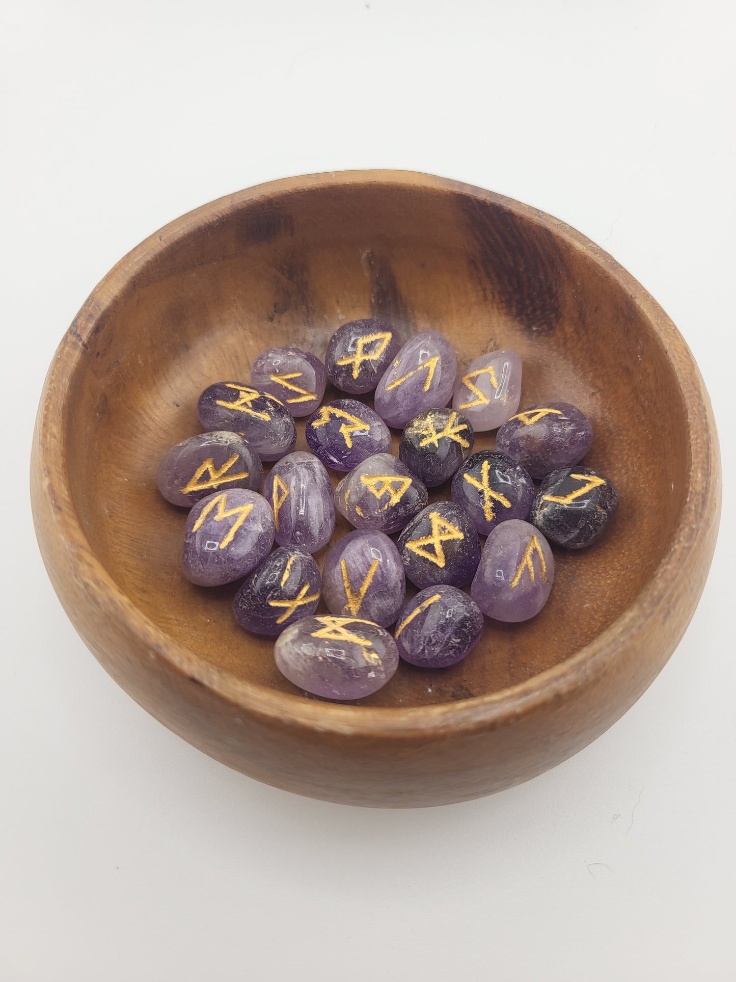 Amethyst Viking Rune Set with Wooden Bowl, Holding Stand & Pouch – Norse Divination Stones