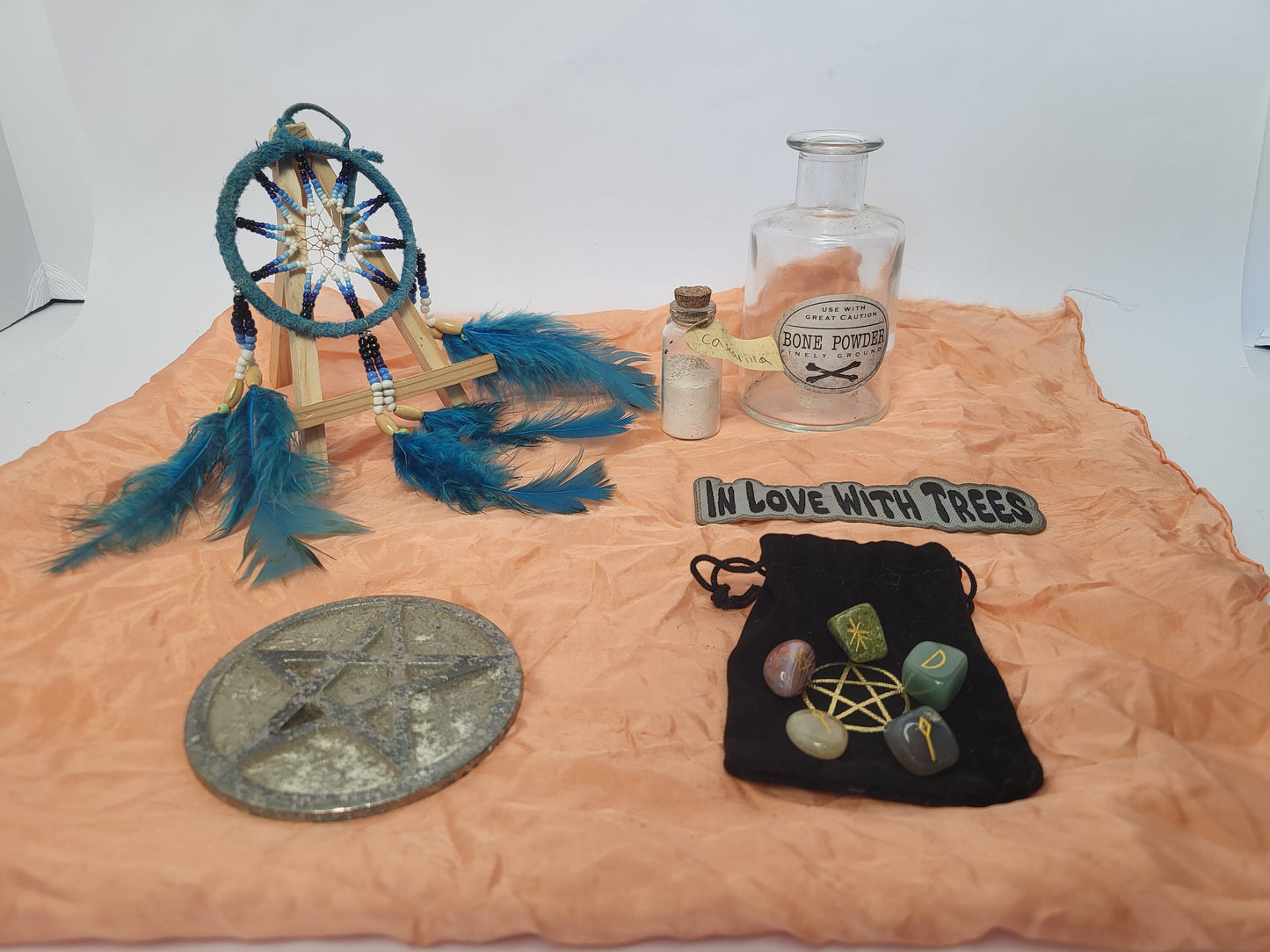 Mystical Pagan Altar Kit – Pentacle Plate, Cascarilla Powder, Rune Stones, Dreamcatcher & Apothecary Jar