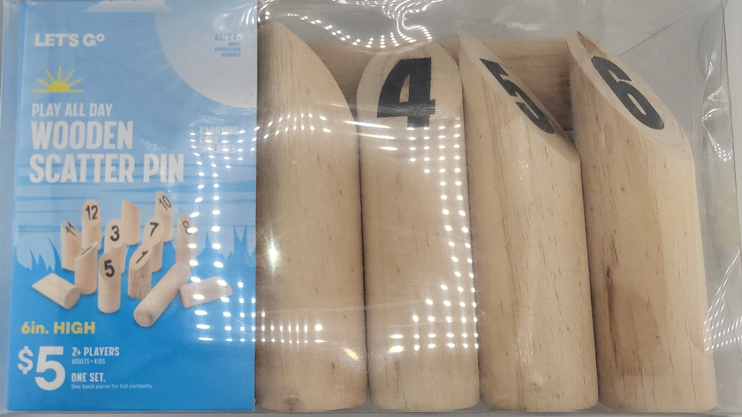 Let’s Go Wooden Scatter Pin Game — Outdoor Lawn Bowling Set with Carrying Case (6-Inch Pins)