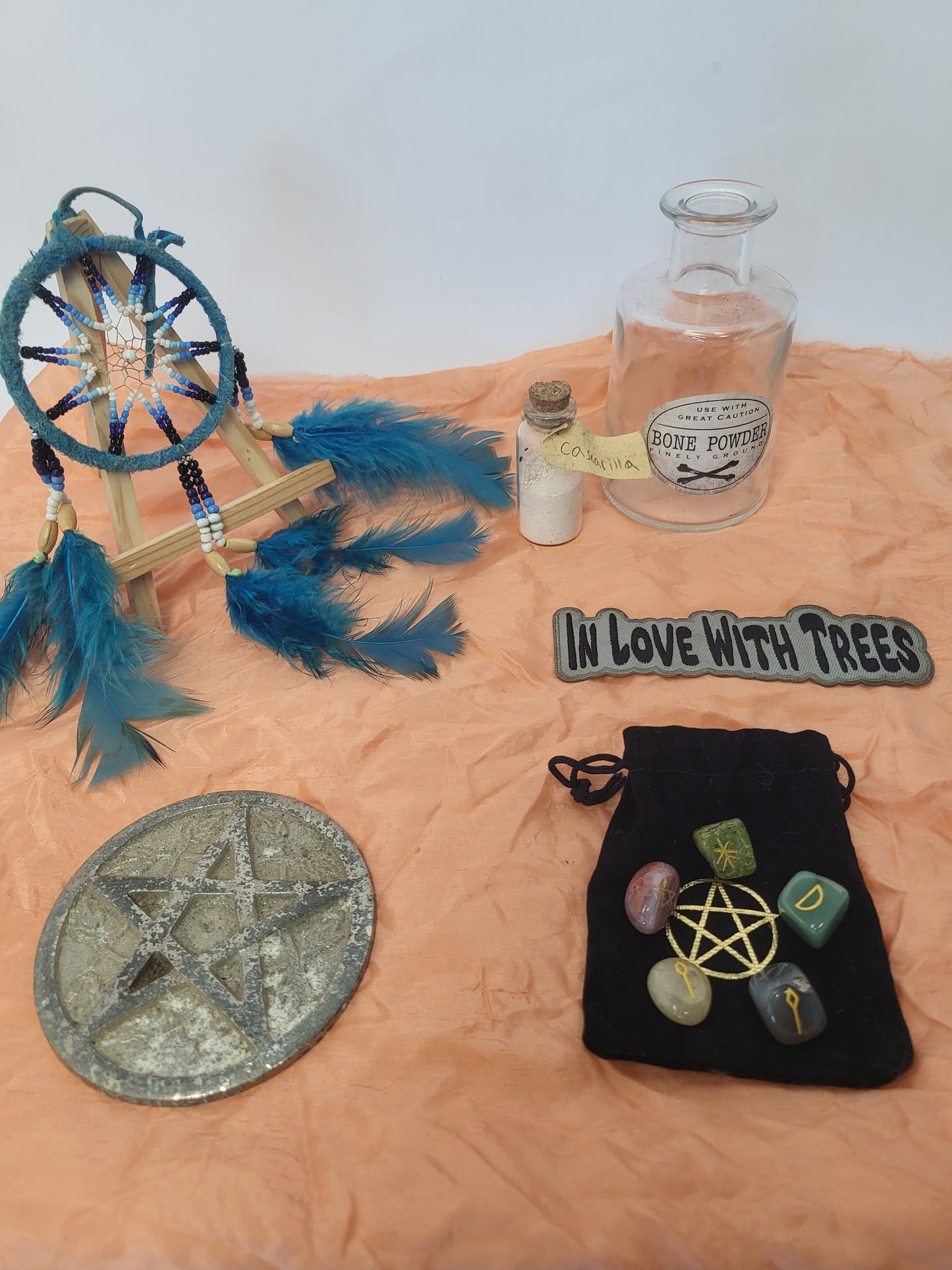 Mystical Pagan Altar Kit – Pentacle Plate, Cascarilla Powder, Rune Stones, Dreamcatcher & Apothecary Jar