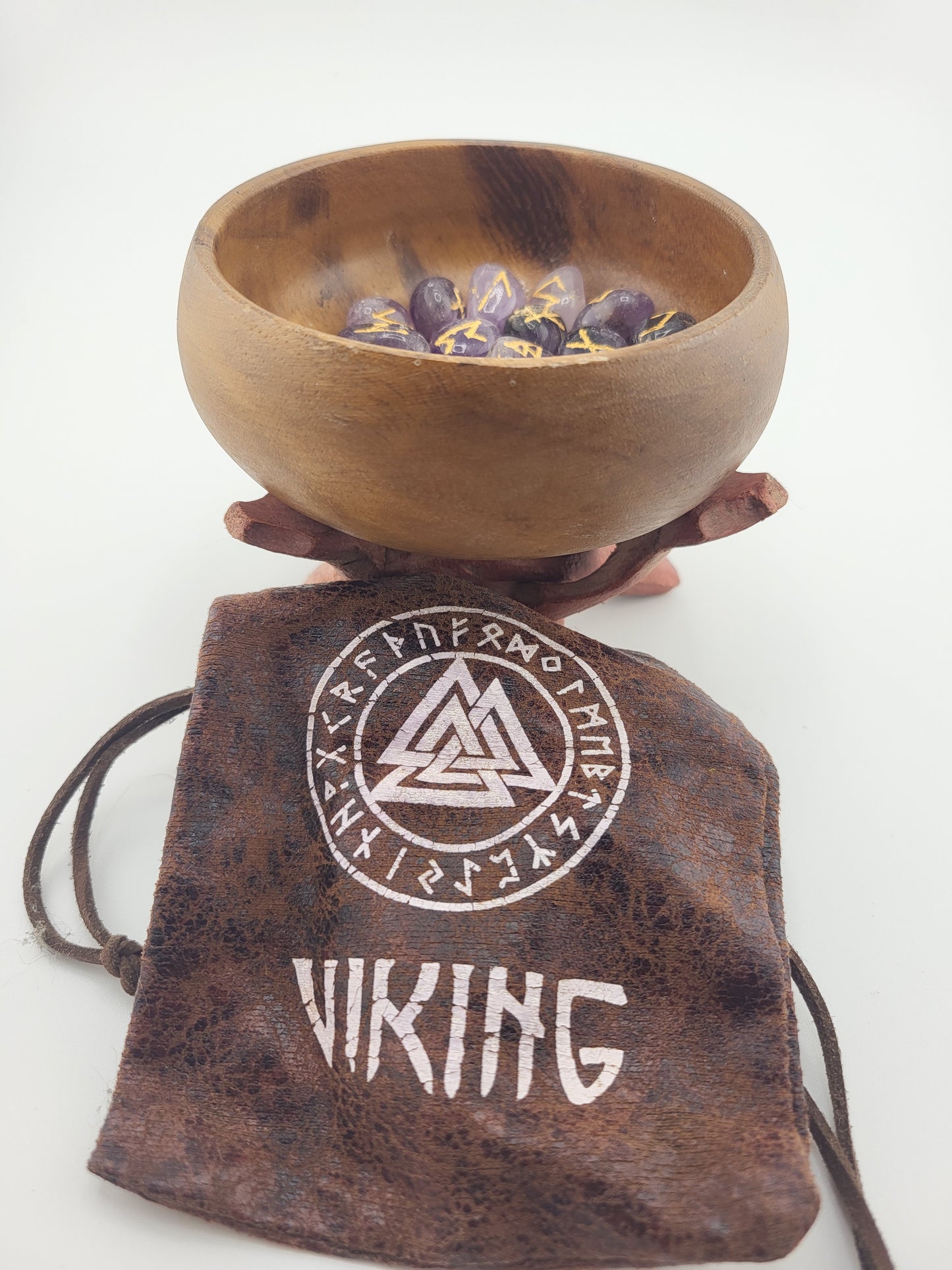 Amethyst Viking Rune Set with Wooden Bowl, Holding Stand & Pouch – Norse Divination Stones