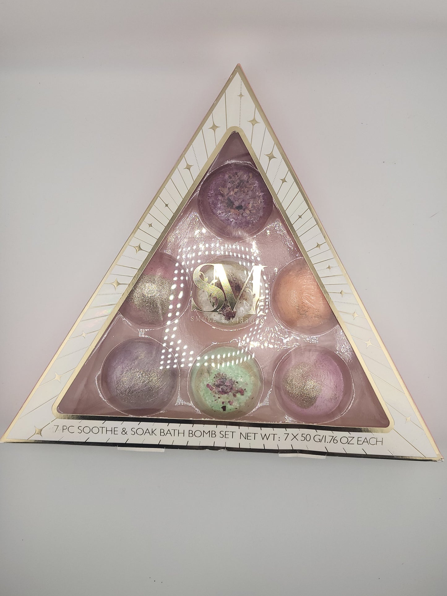 Smoke & Mirrors 7-Piece Soothe & Soak Bath Bomb Gift Set — Rose, Lavender & Coconut Spa Collection (Glitter + Salt Bombs)