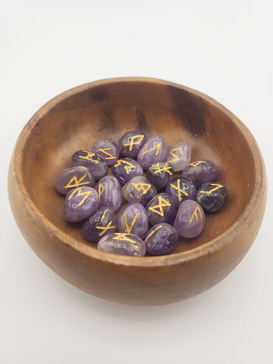 Amethyst Viking Rune Set with Wooden Bowl, Holding Stand & Pouch – Norse Divination Stones