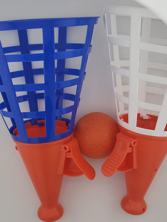 🏐 Catch Ball Toss Game Set – 2 Launchers + 1 Ball | Outdoor Family Fun Toy | Blue & White Baskets w/ Orange Handles