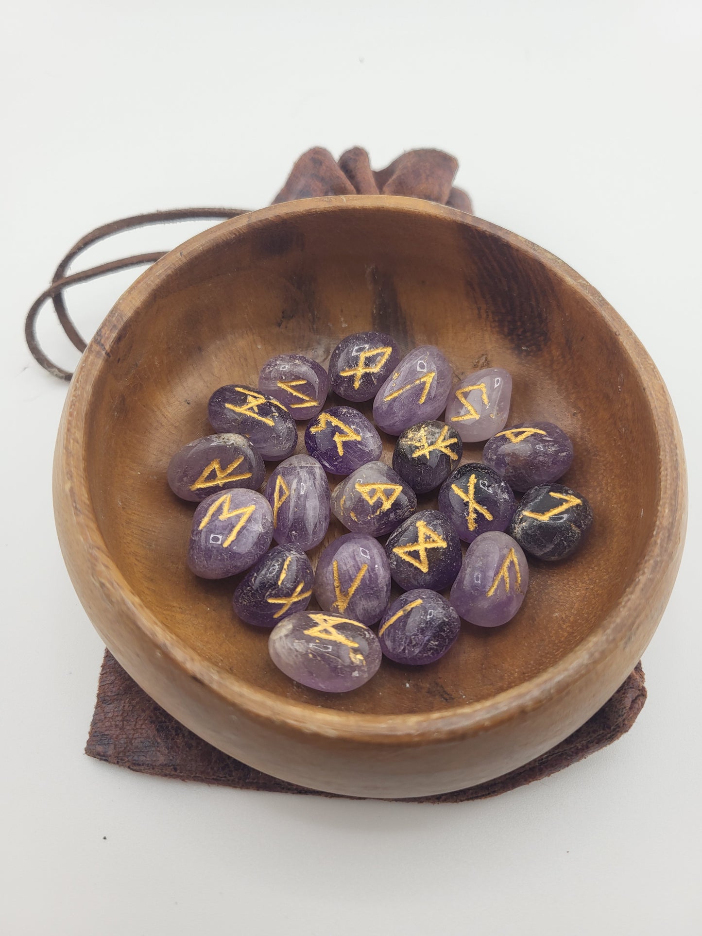 Amethyst Viking Rune Set with Wooden Bowl, Holding Stand & Pouch – Norse Divination Stones